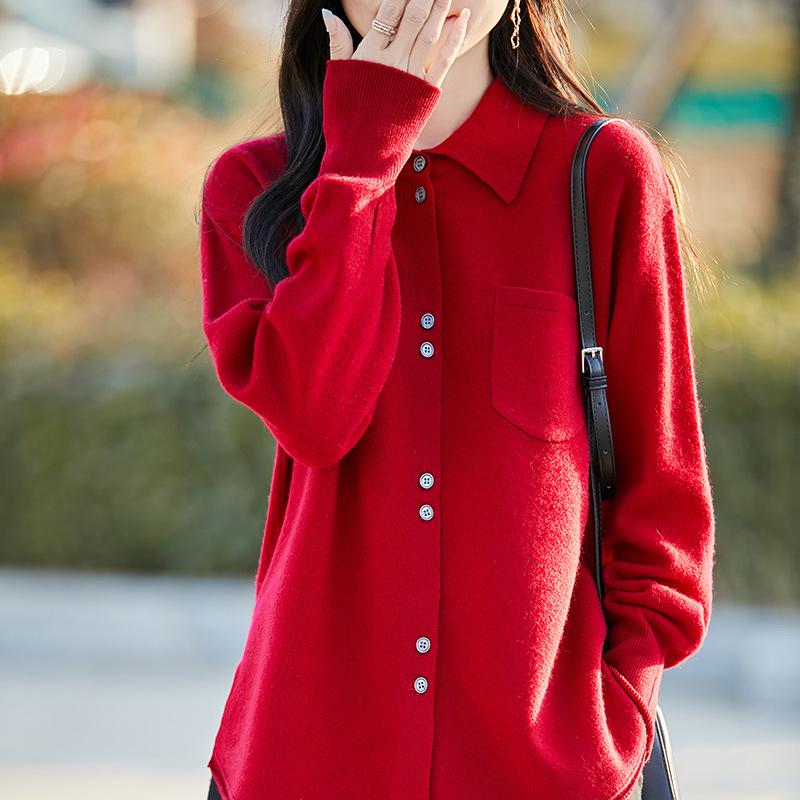 Women's 100% Pure Wool Polo Neck Knit Cardigan - Autumn/Winter Korean Style, Loose, Slimming, Buttoned Sweater