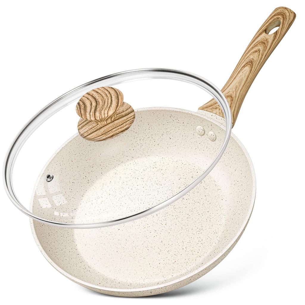 MICHELANGELO Frying with IH Gas Heat Safe and Easy To White Pan, 26cm, Marble-Coated, Lid, Compatible, Compatible, 2-3 Person, Water-Repellent,