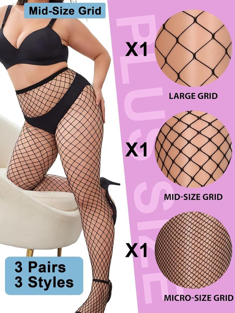 Plus Size Fishnet Stockings For Women - 3 Pairs Sexy Fishnets Tights, Halloween Fish Net Stockings,Gothic Clothes