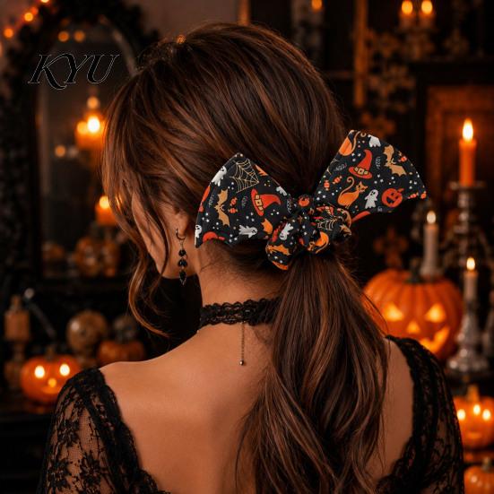 Halloween Hair Ties for Women Bat Shape Scrunchies Girls, Soft Elastic Ponytail Holders with Spooky Pumpkin/Spider Web/Black Cat Prints Holiday Party