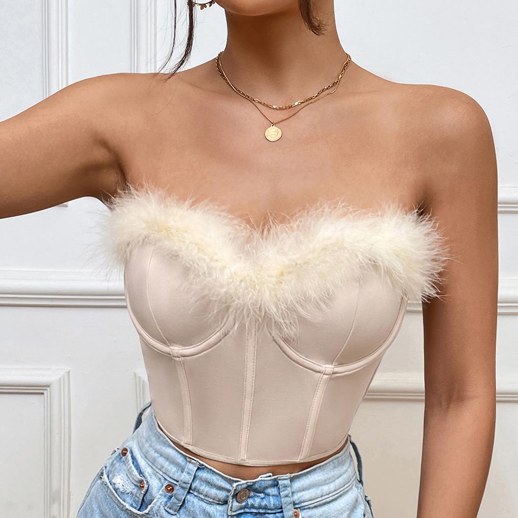 Faux Fur Tank Top Off-shoulder Crop Tops Women Summer Strapless Steel Camis Fishbone Camisole Fashion Tube Female Sleeveless Cropped Vest Y2K Clothes