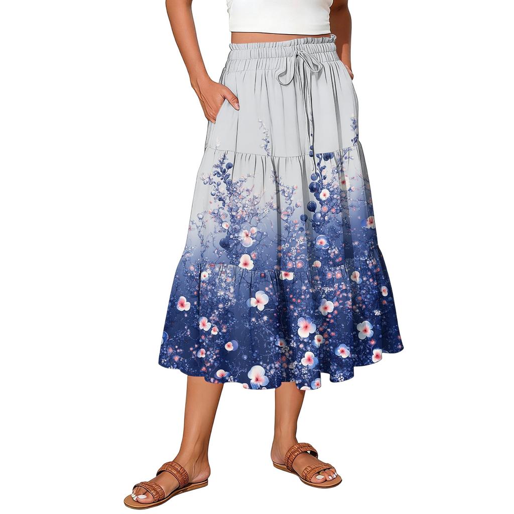 Womens Maxi Skirt Drawstring High Waisted Summer Long Skirts Lightweight Tiered Flowy Floral Pleated Skirts