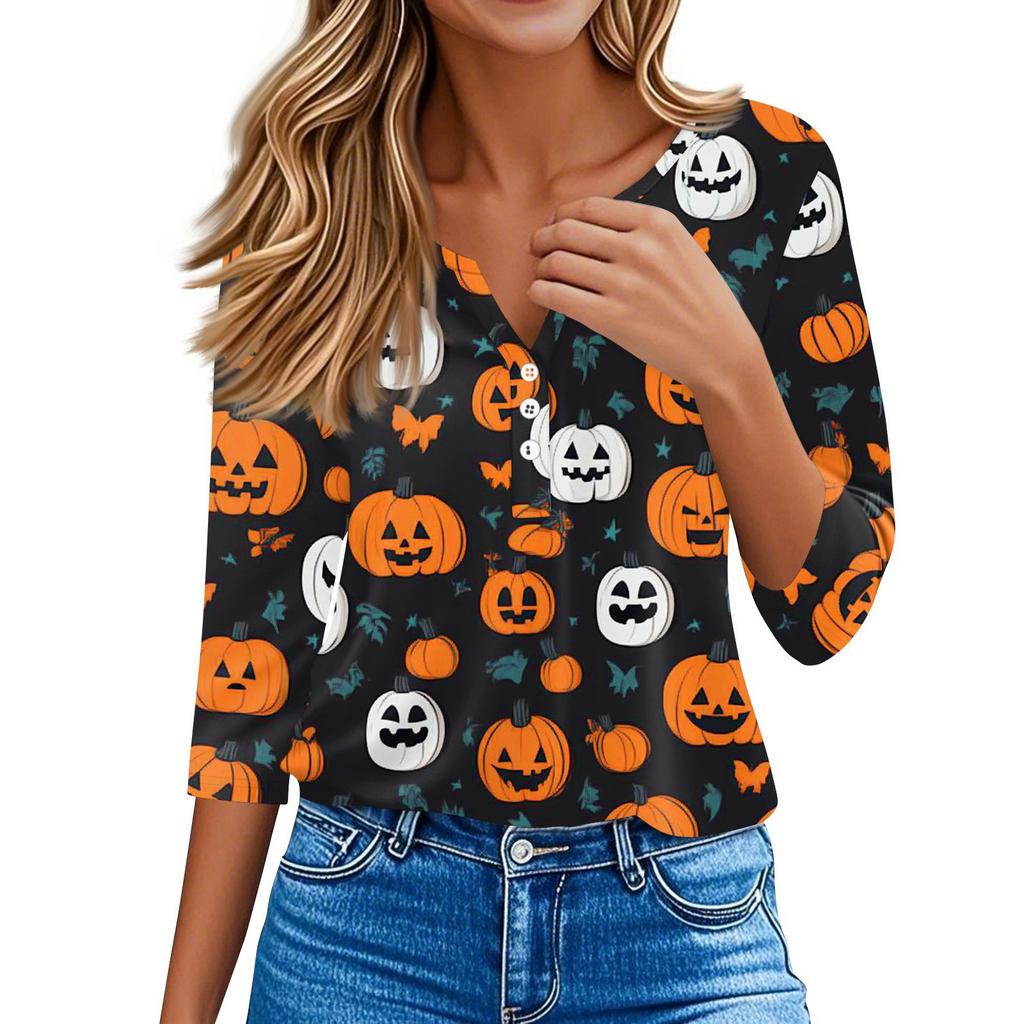 Dámské tričko Halloween potisk knoflík 3/4 rukáv tunika denní víkendová móda základní V-výstřih běžný top