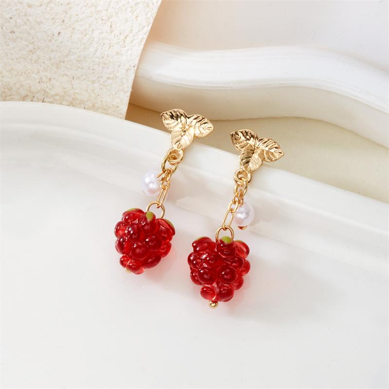 Sweet Cute 3D Resin Raspberry Drop Earrings for Women Enamel Green Leaves Red Strawberry Earring Girls Daily Wear Jewelry Gift