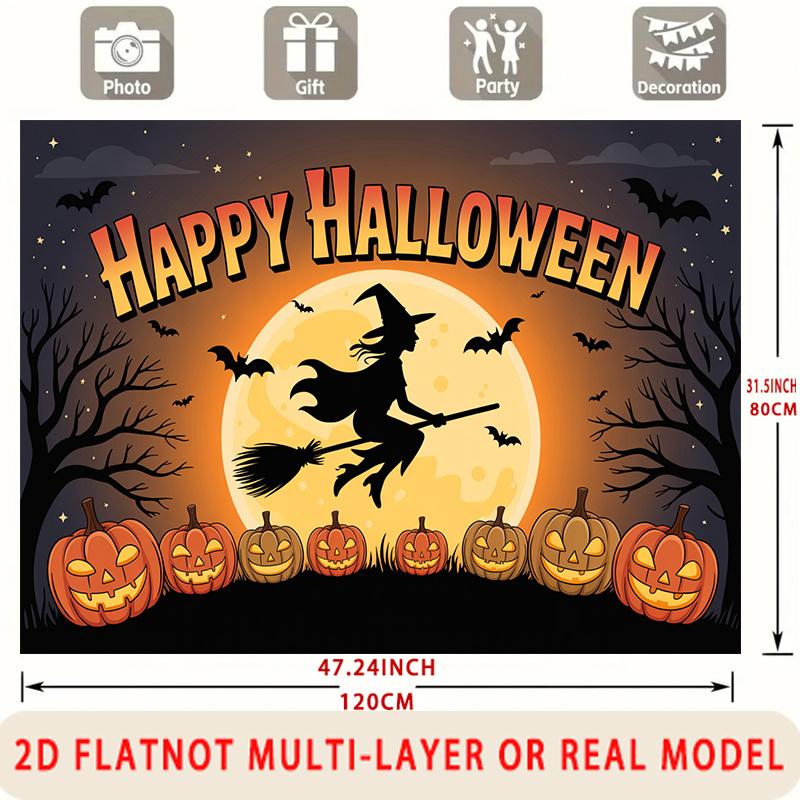 Party Backdrop Halloween Flat Witch Silhouette Pumpkins Multi Layered Celebrations Photo Booth Decor Front Door Decor