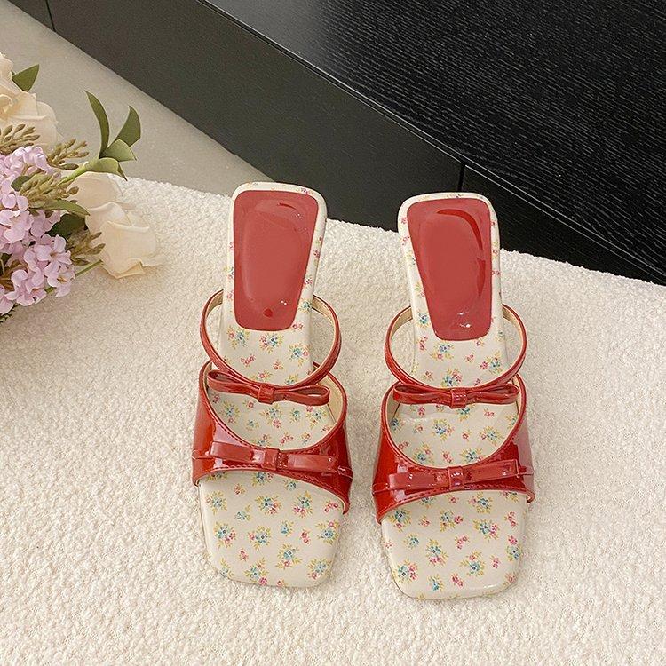 French Elegant Wedge Slippers Women's Head Temperament Open-toe Word with Bow High-heeled Sandals 2025 Summer New