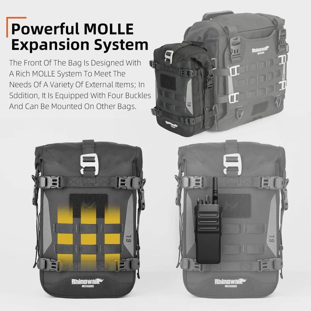 Rhinowalk Motorcycle Front Bumper Bag + Waterproof Side Bags + Saddle Panniers + Tail Bag MOLLE System Compatible Motor Accessories (Black)