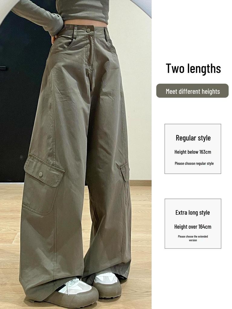 Women's Army Green High-Waisted Wide-Leg Cargo Pants - Petite, Loose-Fit, Slimming, Casual Spring 2026 Style
