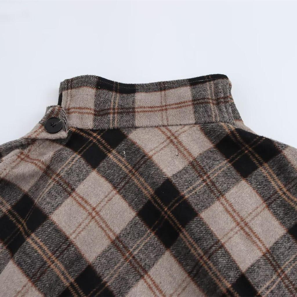2025 Spring Women's Casual Color Block Plaid High Neck Cape Coat