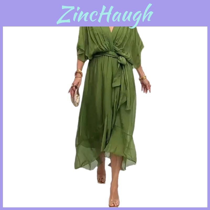 Elegant Summer Maxi Dress With Vneck And Batwing Sleeves For Casual Wear