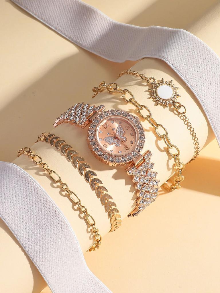 5pcs/set; Simple Ladies' Quartz Watch with Butterfly Dial; Set of Watches and Bracelets for Girls; Suitable for Birthday Gifts