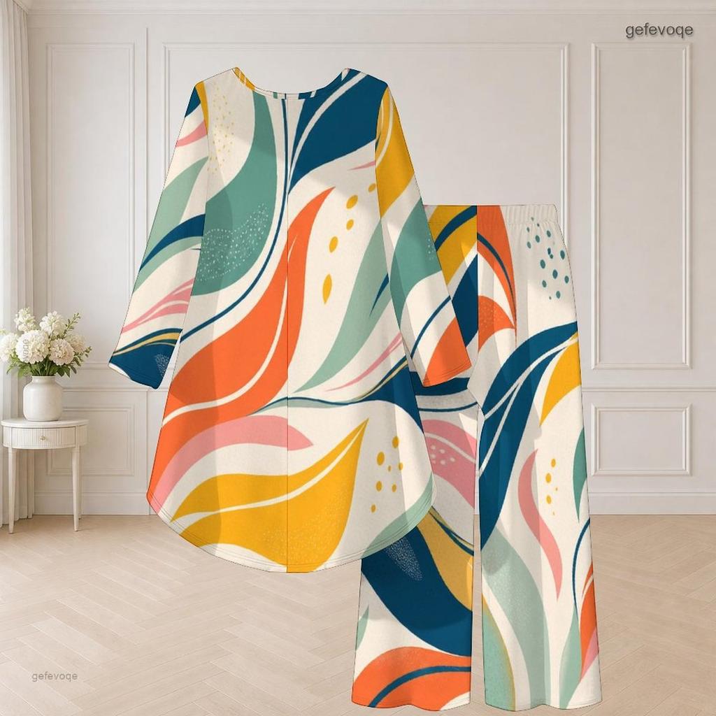 Women Plus Size Two Piece Set Round Neck Long Sleeve Printed High Low Top Wide Leg Pants