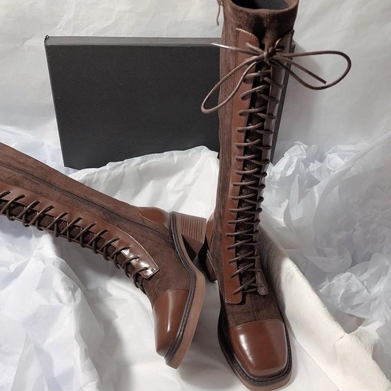 High Heels Women Long Boots Chunky Lace Up Designer Shoes Fashion Winter Dress Luxury Pumps 2025 Goth Chelsea Botas  Shoes