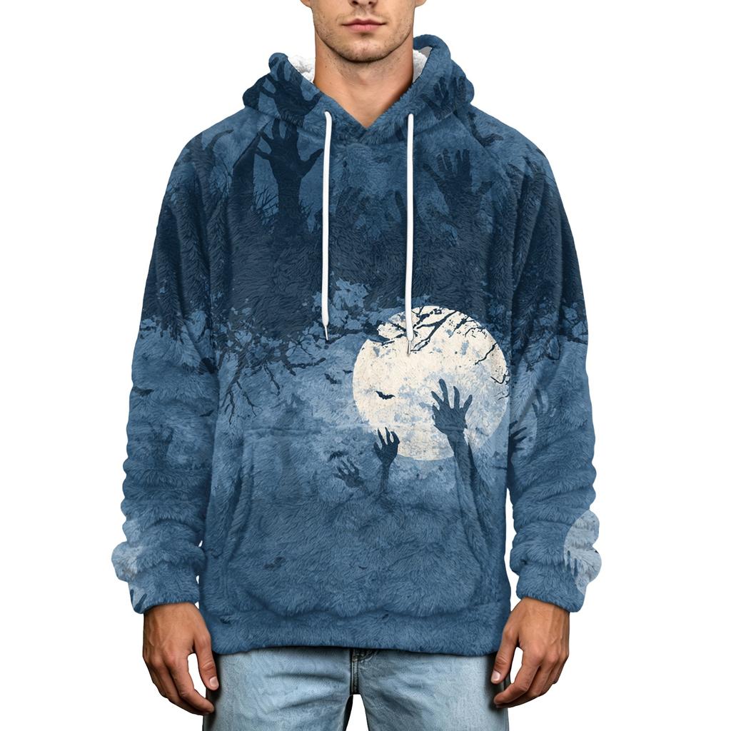 Herren Halloween Print Hoodie Übergröße Flanell Lässiger Pullover Sweatshirt für Herbst und Winter