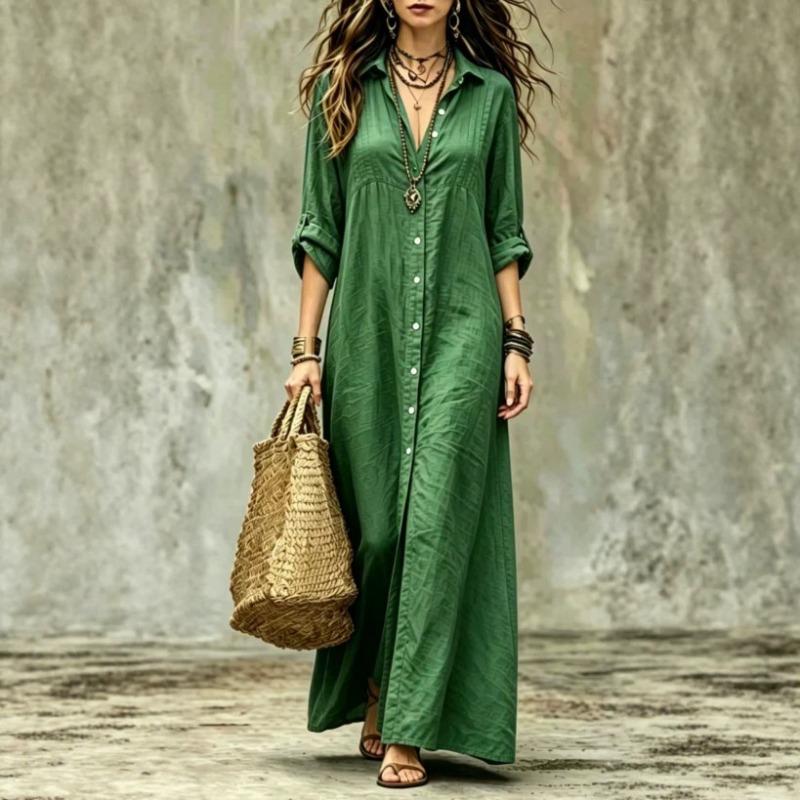 BITCED Fashion Spring Autumn Solid Color Print Long Sleeve V-Neck Casual Dresses