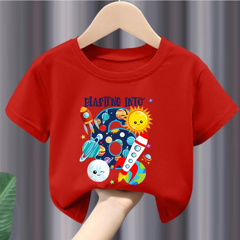 New Boys and Girls Clothing Outer Space Rocket Planet Printed Childrens Tshirt Birthday Round Neck Summer polyester fabric