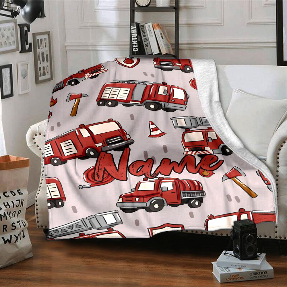 Custom Name fire truck Theme Printed Blanket - Perfect for Couch, Bed, Travel & Outdoor Use | Machine Washable, Cozy & Durable.