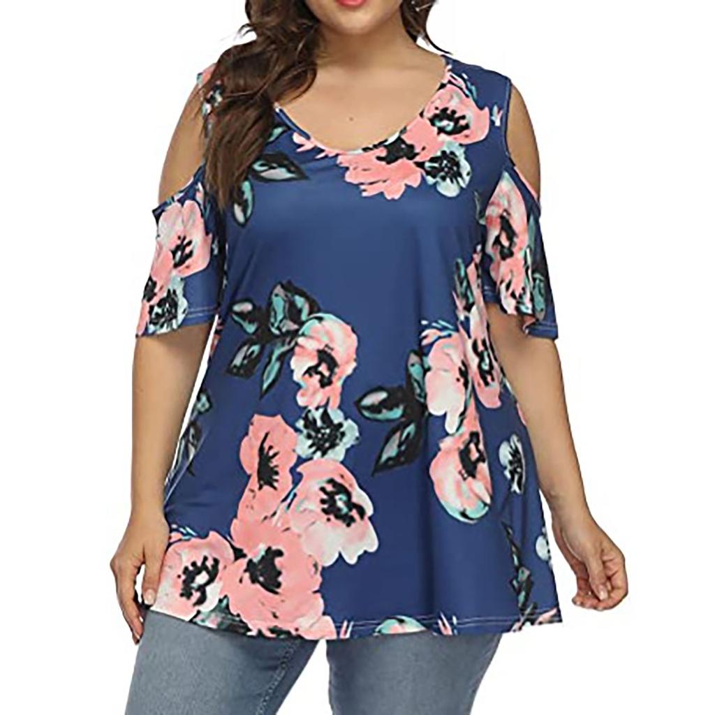 Women Fashion Floral Printing Short Sleeve T-Shirt Plus Size Round Neck Tops