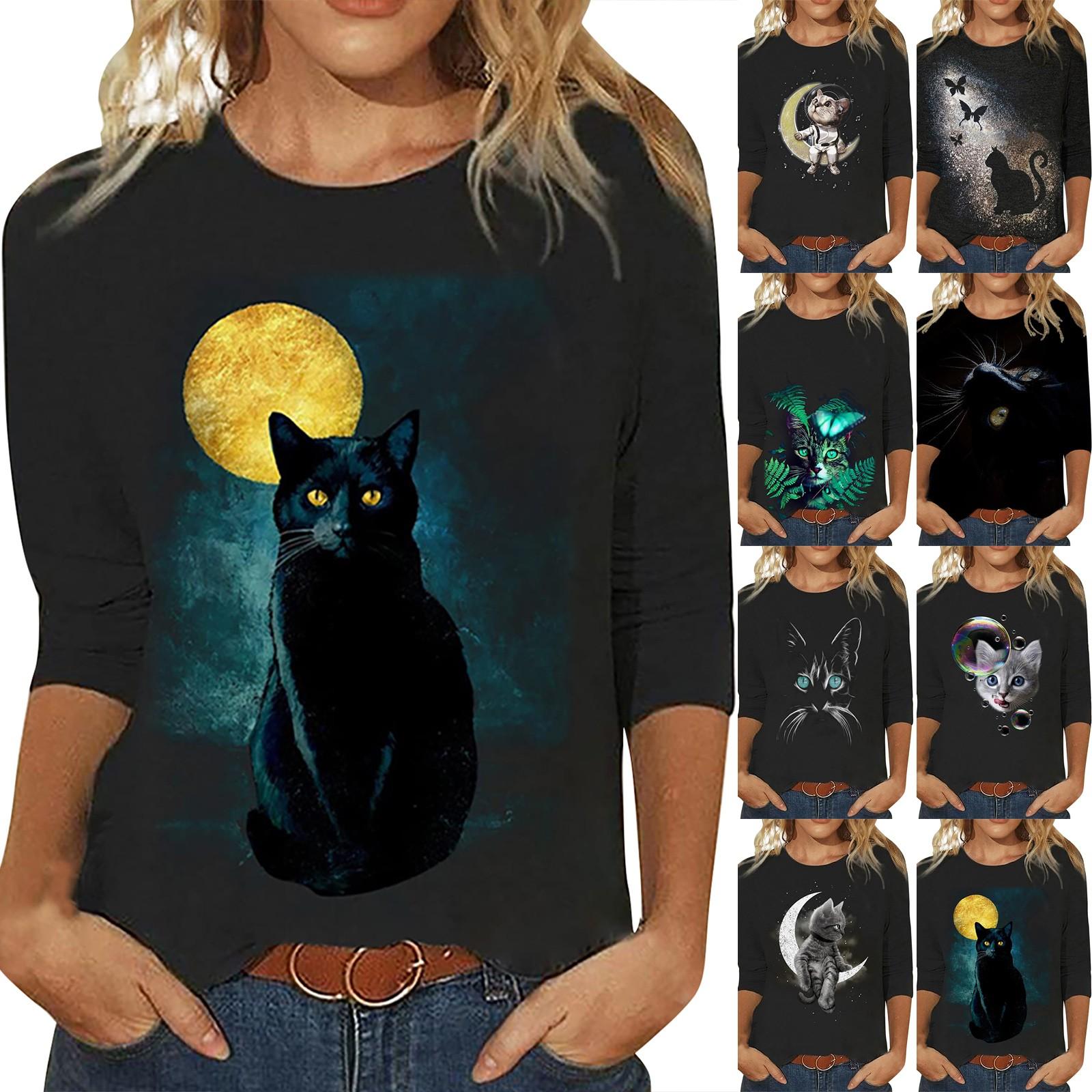 

Женская повседневная мода Круглая шея Свободный длинный рукав Черный Сладкий принт Топ