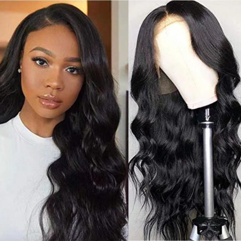 European American Front Lace Wig Women's Long Curly Hair Black Big Wave High Temperature Silk Headgear