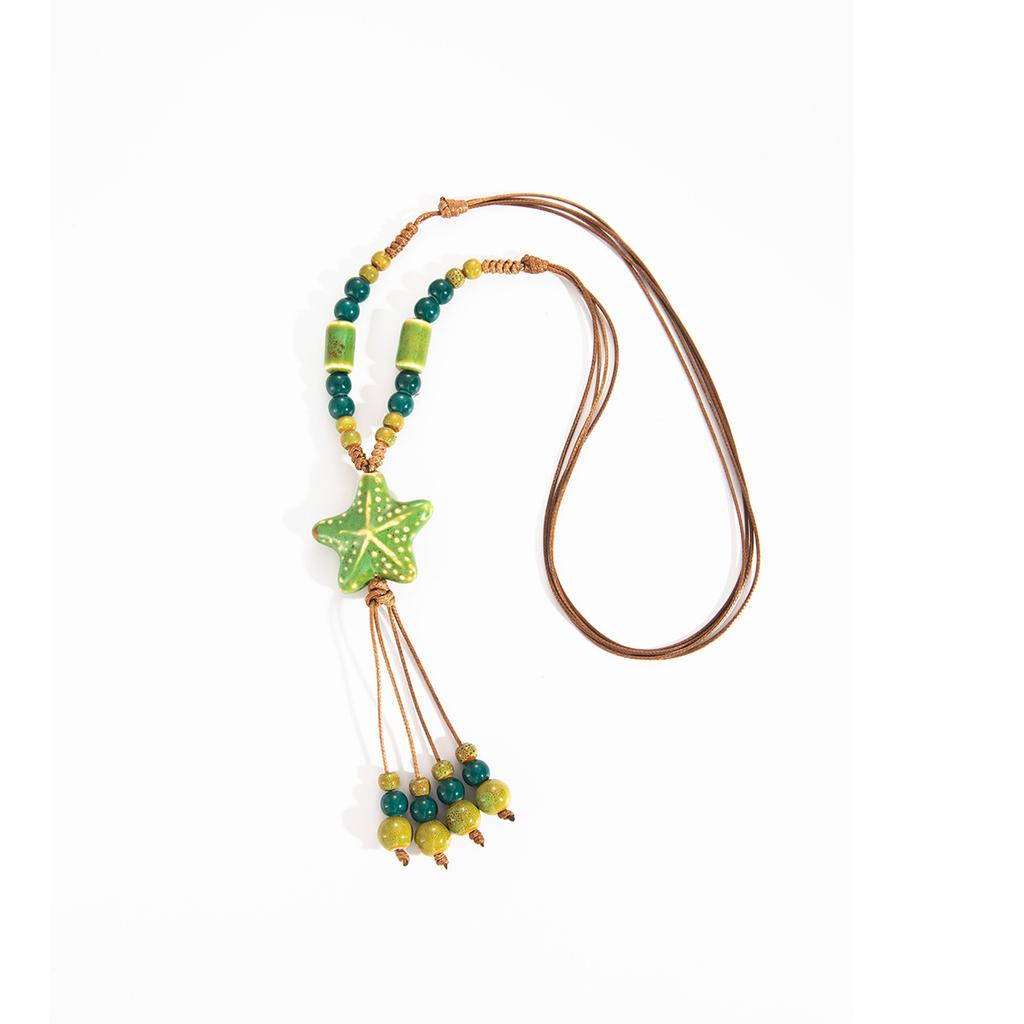 Color Ceramic Beaded Star Necklace Bohemian Retro Neck Chain Ethnic Style Woven Long Necklace