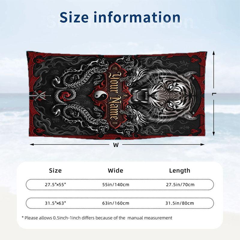 Tiger Dragon Fantasy Theme Quick Dry Beach Towel Custom Name Text Print Large Sand Resistant Towel Beach Vacation
