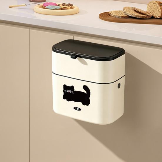 Garbage Can One-Hand Operation Sliding And Lifting Cover Dual Opening Way Trash Bin with Black Cat Print Trash Can for Kitchen Cabinet