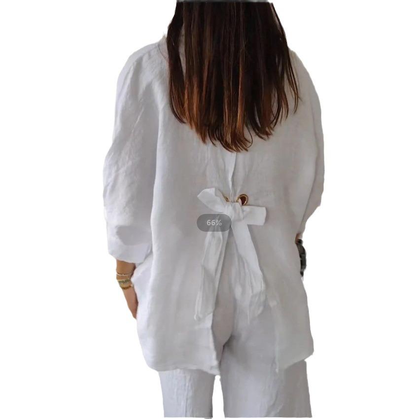 2024 Summer Women's Cotton Linen Breathable Tie-Back Shirt - Transparent Sun Protection Top