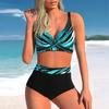 Women's Halter Two Thick Stripes Print Bikini Tankini Swimsuit