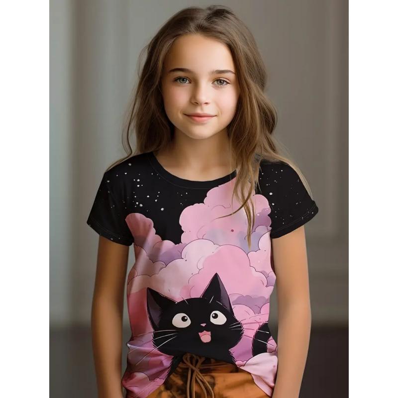 Buntes Katzenmädchen T-Shirt Niedliche Muster Sommer Kurzarm 3D Druck Mädchen Oberteil Mode Lässig Streetwear Kinderkleidung