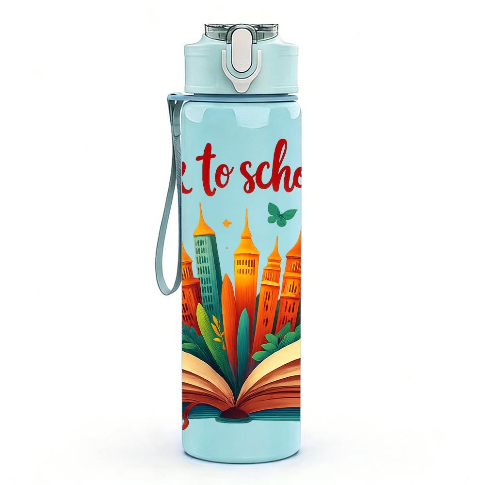 1PC Back To School Book Art Print 750ml Color Plastic Sports Water Bottle Leakproof Flip Straw Lid Suitable for Sports Office Home Use