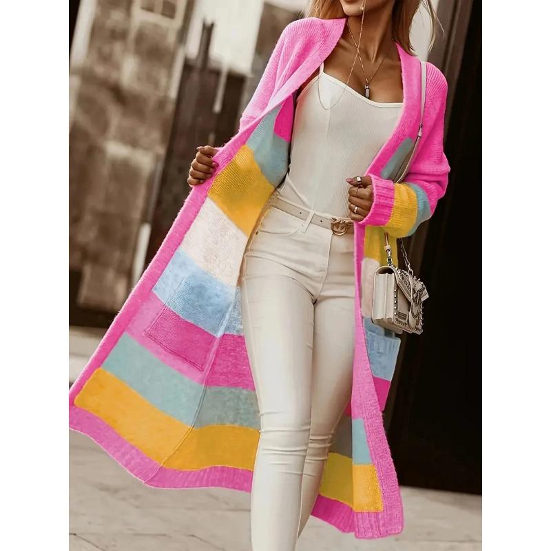 Contrast Color Rainbow Stripes 2025 Autumn and Winter Women's Sweater Jacket Casual Loose Long Knitted Cardigan