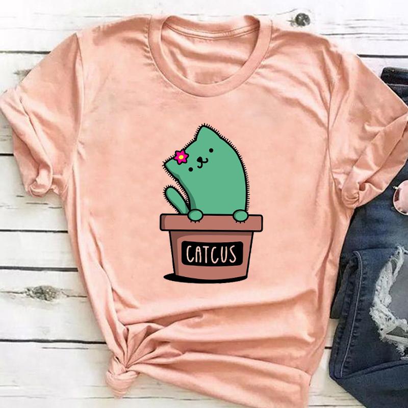 (Asian Size) Short Sleeve Print Cactus Trend Lovely Style Female T Clothing Summer Top Casual Ladies Graphic Tee Women's Fashion T-shirt