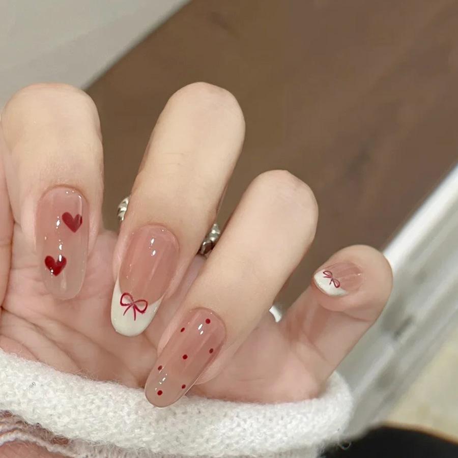 French White Edge Polka Dot Bow, Gentle Love, Whitening And Sweet New Year Atmosphere, 24 Pieces Of Wearable Nail Patches