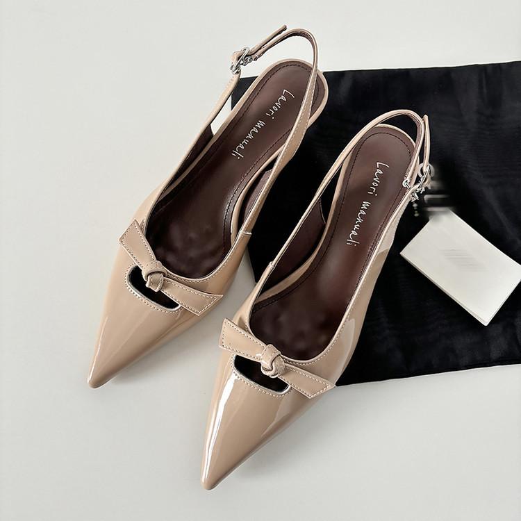 

2025 summer new high-heeled pointed sandals women s thin heels bow bag head empty sandals women s genuine leather women s shoes 39 телесный