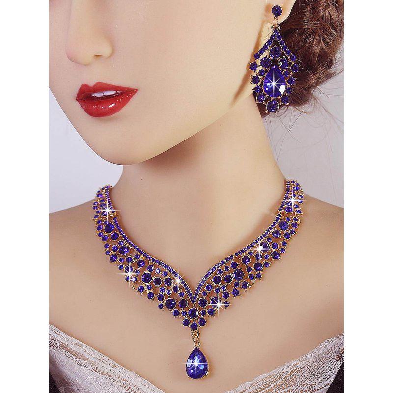 Fashion Crystal Necklace Earrings Jewelry Suit Alloy Rhinestone-Encrusted Jewelry Ornament Accessories Ball Performance Super Flash