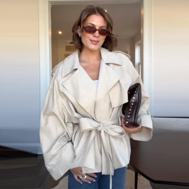 Lapel Tied Windbreaker Jacket Women's Commute Long Sleeve A-line Style Elegant Jacket Fashion Streetwear 2025 Autumn