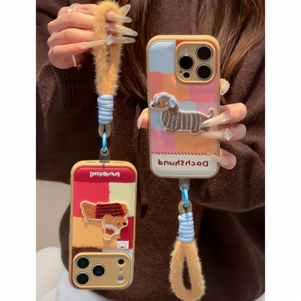 Splicing Plaid Dachshund Suitable for Apple 16/17Promax Mobile Phone Case IP15 Candy Air Cushion 14Pro Cute