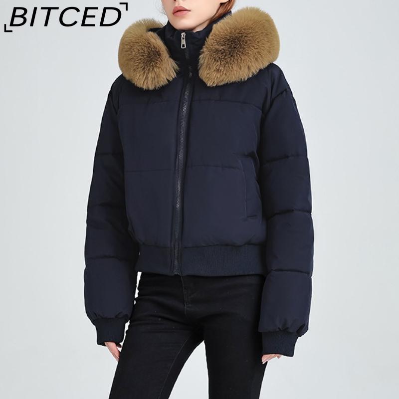 BITCED High-Waisted Oversized Fur-Trimmed Hooded Cropped Cotton Jacket for Women Autumn/Winter Down-Filled Cotton Jacket Slim-Fit Jacket Outerwear