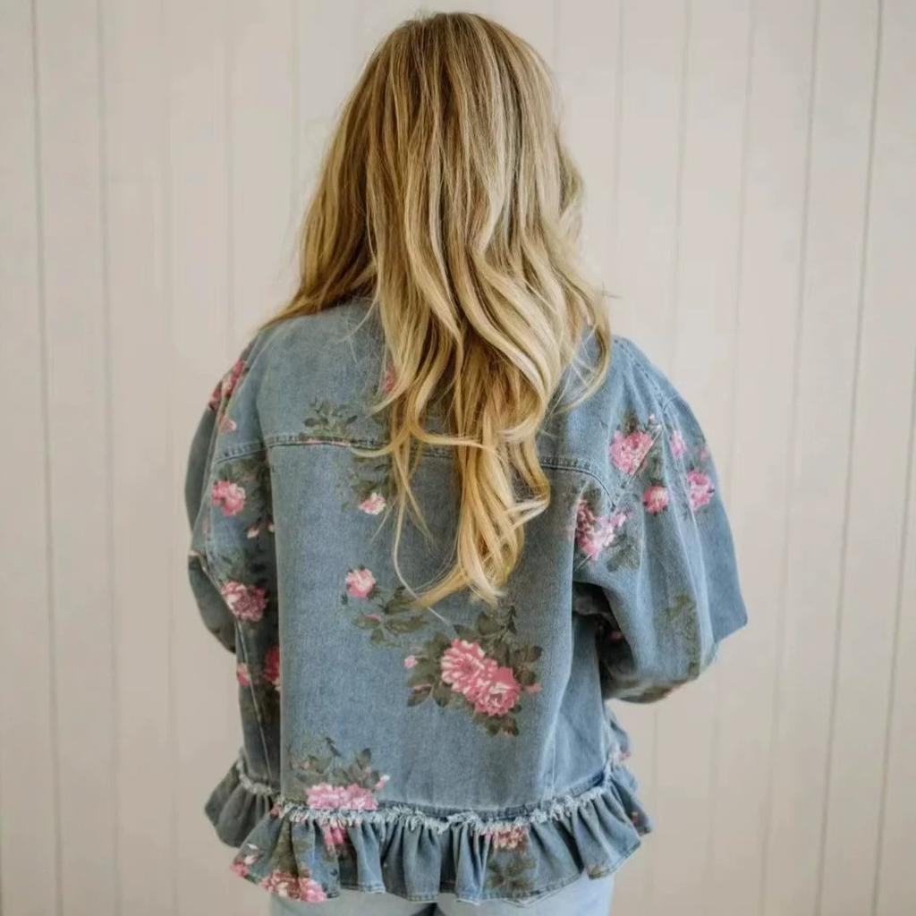 Women's Light Blue Embroidered Flower Hem Flounce Denim Jacket Casual Loose Fit Cropped Top