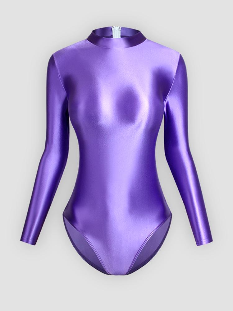 Solid Color High-Cut Rhythmic Gymnastics Leotard Ballet Dancewear - Women's Silky Luster One-Piece Swimsuit Base T-Shirt