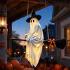 Indoor Ceiling Ghost Ornament Halloween Hanging Outdoor Decoration, Spooky LED Light Up Witch with Orange Bow Accents On Broom for Home, Tree, Porch,