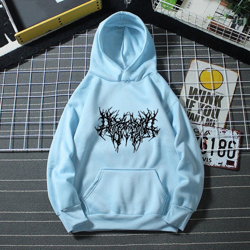 Fall Winter Unisex Hoodie Drawstring Elastic Cuff Thorn Print Thick Fleece Patch Pocket Loose Long Sleeves Pullover Warm Top