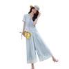 Fashion temperament casual suit women's summer new temperament lace splicing light top wide leg pants two-piece set