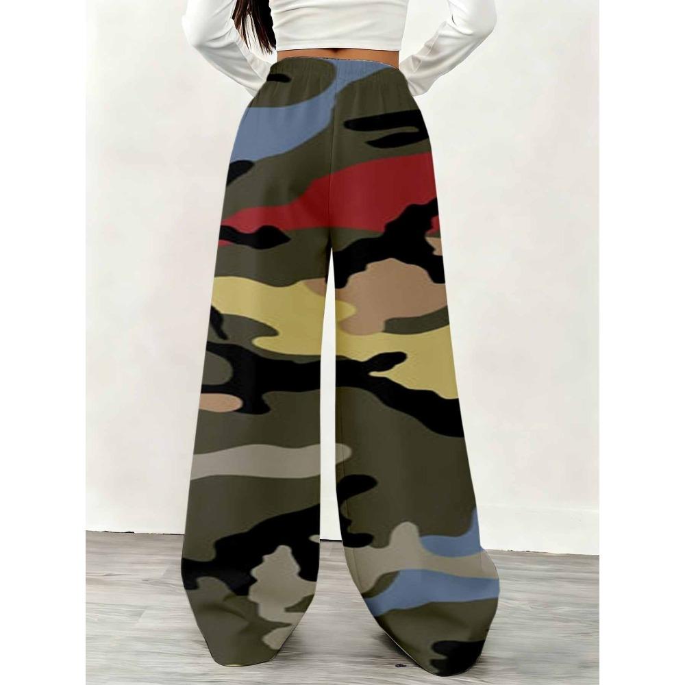 Contrasting Color Camouflage Wide-leg Pants Women's Drawstring Elastic Waist Trousers Street Style Loose and Versatile Casual Trousers