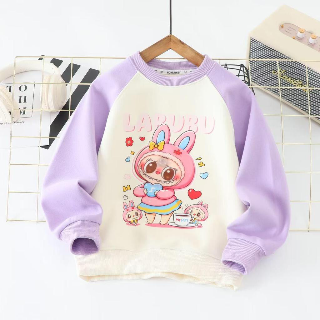 Labubu Girls' Cartoon Raglan Sleeve Sweatshirt - Spring/Autumn, Korean Style, UV Protection