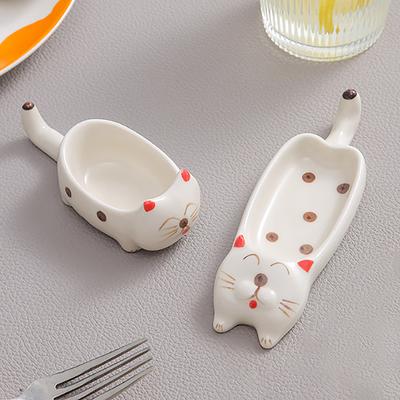Cute Cat Ceramic Small Dish Mini Mustard Pesto Tomato Ketchup Soy Sauce Dish Seasoning Plates With Handle For Home Restaurant