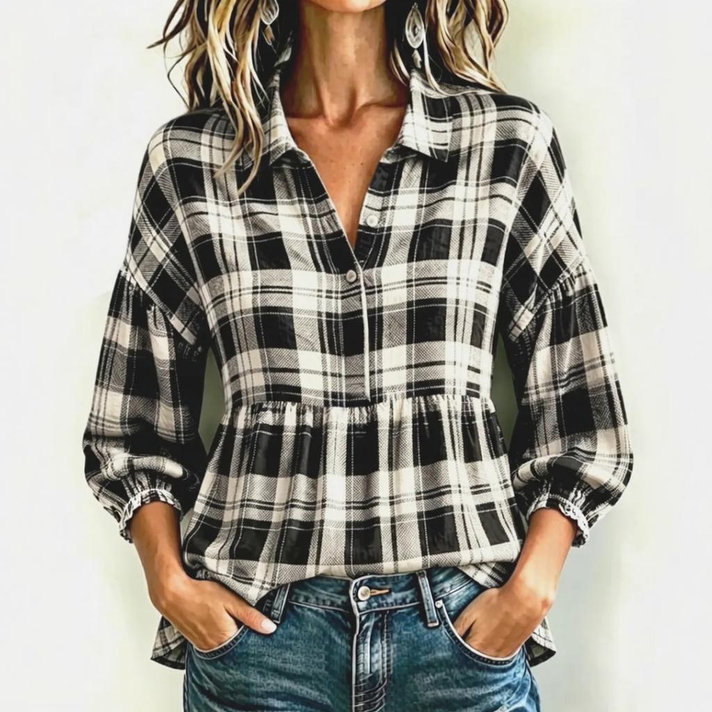 Women's Vintage Plaid Button Down Shirt Loose Fit Casual Blouse