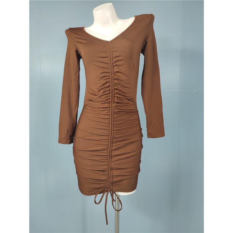 

French Style Romantic Elegant V Neck Elegance Long Sleeves Pleated Drawstring Bandage Slimming Sheath Pure Desire Female Sexy Dress Brown XL
