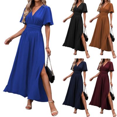 Women's Fashionable Solid Color V Neck Temperament Elegant Short Sleeved Waist Tied High Slit Long Dress